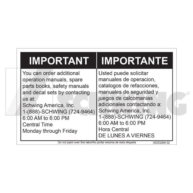 Decal - Documentation Ordering Info. | Weight: 2 lbs | Brand: SCHWING