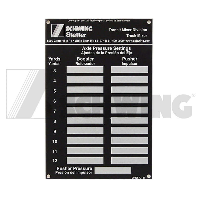 Decal - Plt, Axle Pressure Settings | Weight: 2 lbs | Dimensions: 154 X 102 MM | Brand: SCHWING